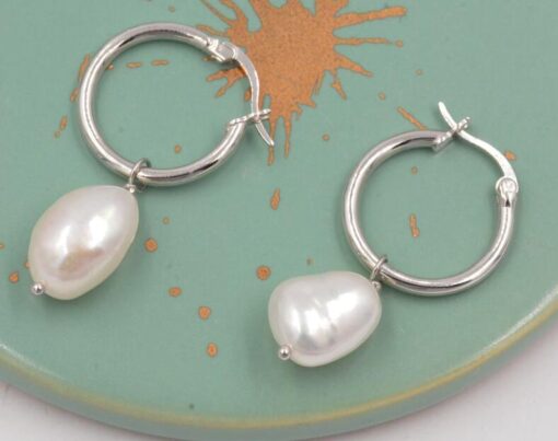 Pearl  Drop Hoop Earring - Image 4