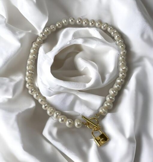 Lock Charm Pearl Necklace - Image 4